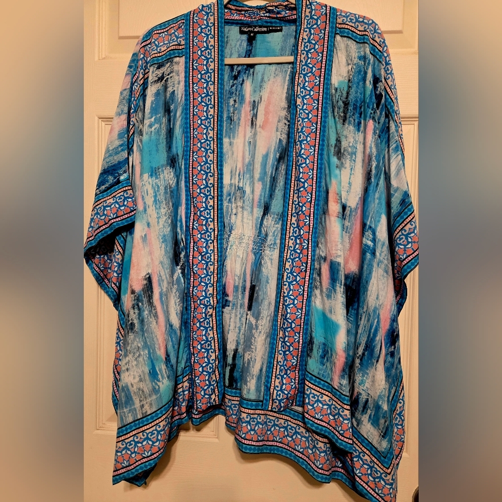 Tolani Collection Blue Watercolor Print Boho Kimono Cover Up Open Front Size M
